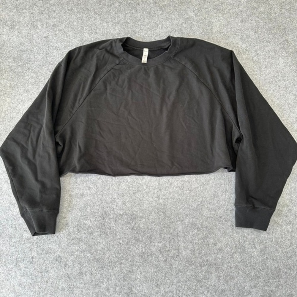 Alo Yoga Womens Cropped Raglan Sweatshirt Black Raw Hem Size L Large